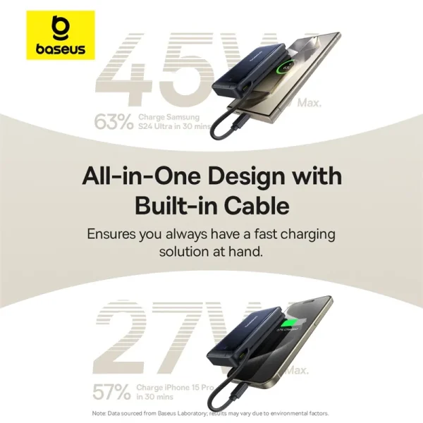 Baseus Nomos Qi2 3-in-1 Magnetic Power Bank 10000mAh with Built-in Cable 45W - Image 3
