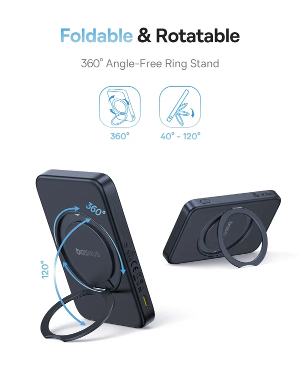 Baseus 5000mAh Magnetic Power Bank Qi2 15W Wireless 360° Kickstand PD 20W Fast Charging - Image 2