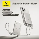 Baseus 10000mAh Magnetic Power Bank 15W Wireless 27W PD Fast Charging with Detachable Cable