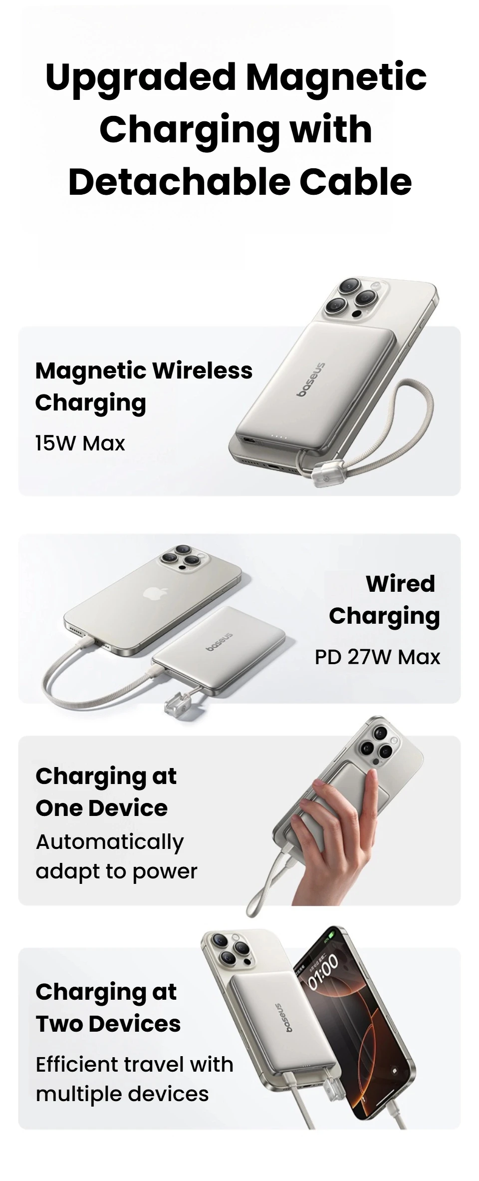 【CCC】Baseus 10000mAh Magnetic Power Bank 15W Wireless PD 27W Wired Fast USB-C/iP Cable Charging For iPhone 17 Samsung Xiaomi