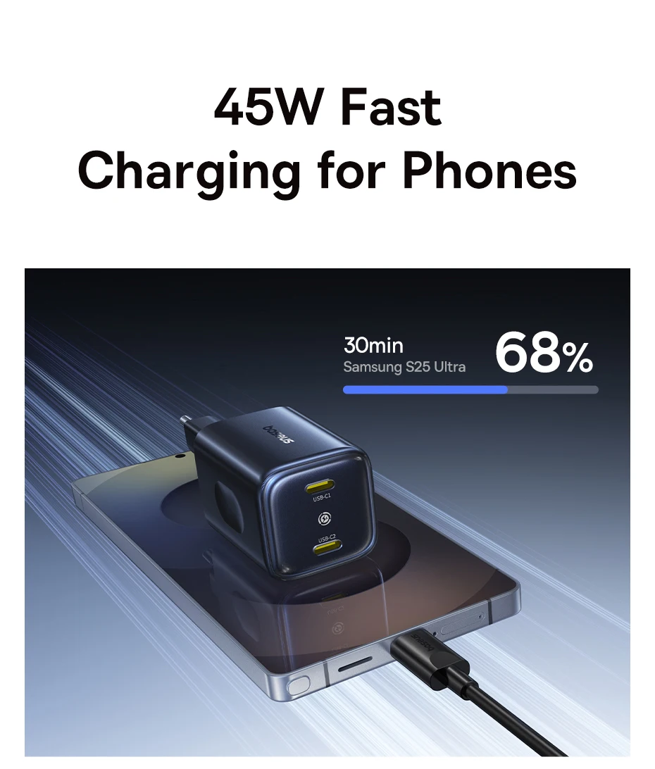 Baseus 45W Phone Charger For iPhone 17 16 15 Samsung Galaxy Fast Charger GaN Charger USB C Charger Portable Travel Charger Mini