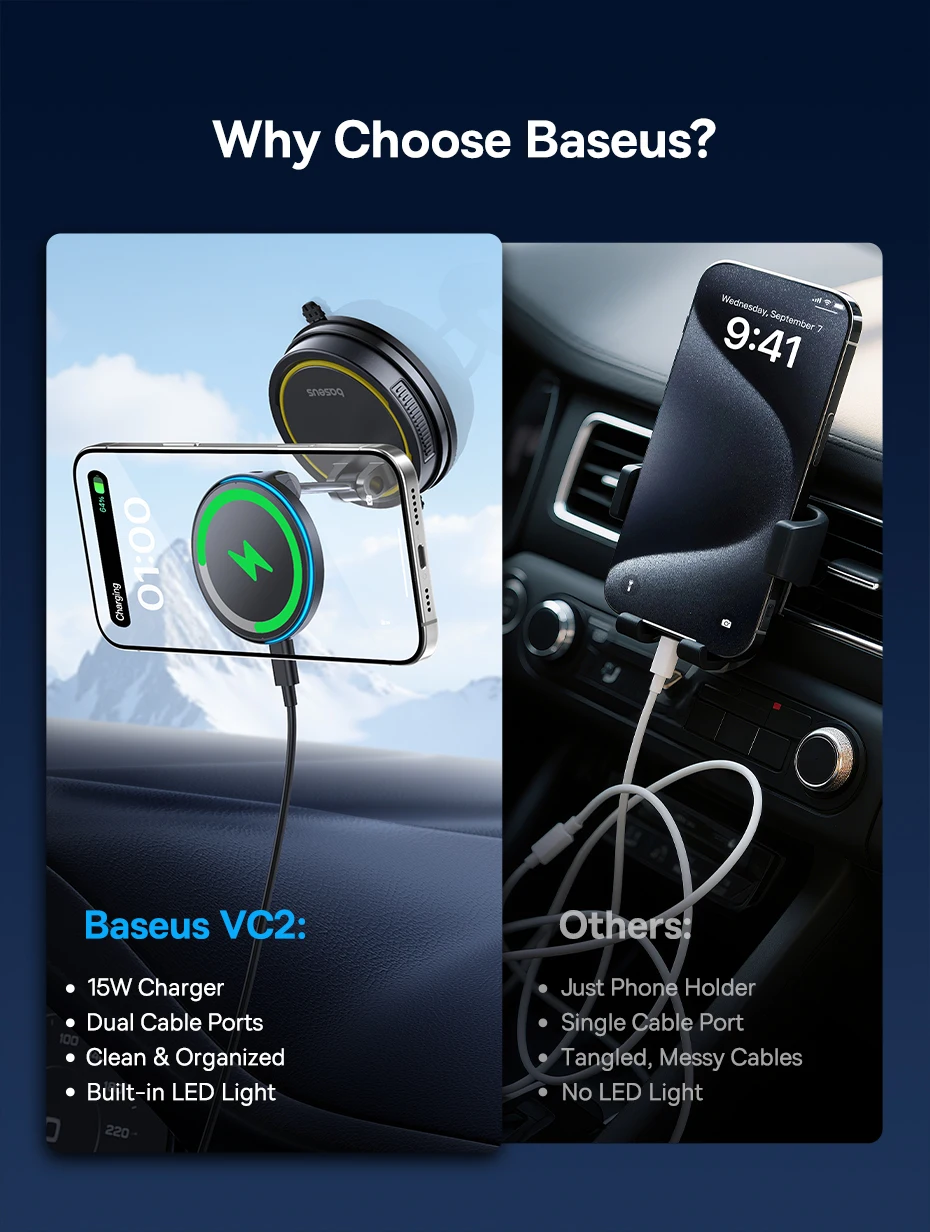 Baseus Wireless Charger Vacuum Magnetic Car Phone Holder Mount 360° Rotation Stand Gym Stand Car Mount for iPhone Travel Holder