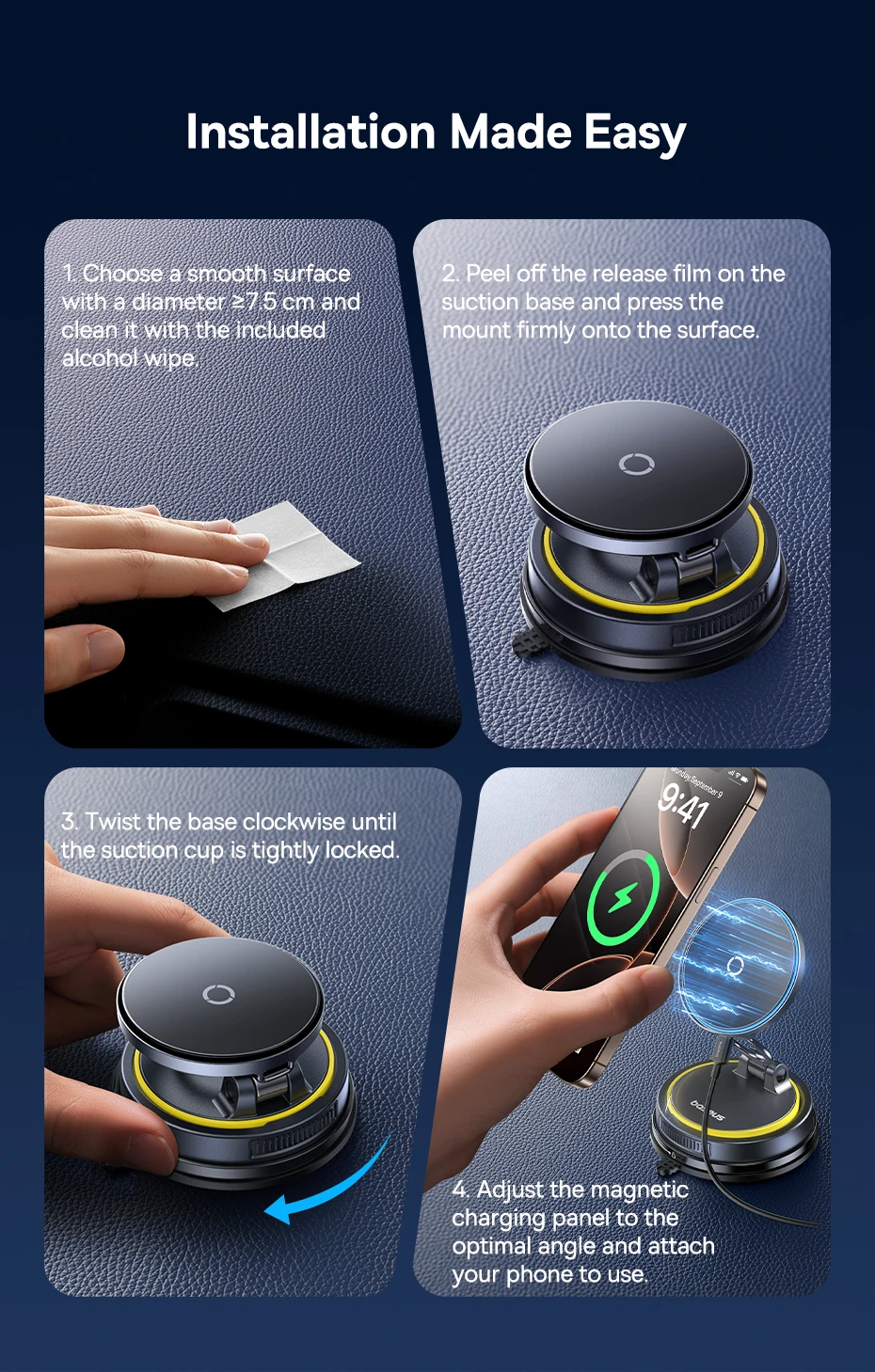 Baseus Wireless Charger Vacuum Magnetic Car Phone Holder Mount 360° Rotation Stand Gym Stand Car Mount for iPhone Travel Holder