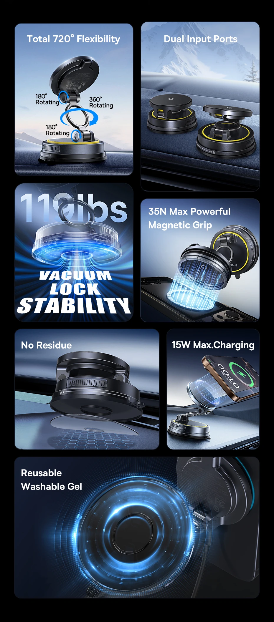 Baseus Wireless Charger Vacuum Magnetic Car Phone Holder Mount 360° Rotation Stand Gym Stand Car Mount for iPhone Travel Holder