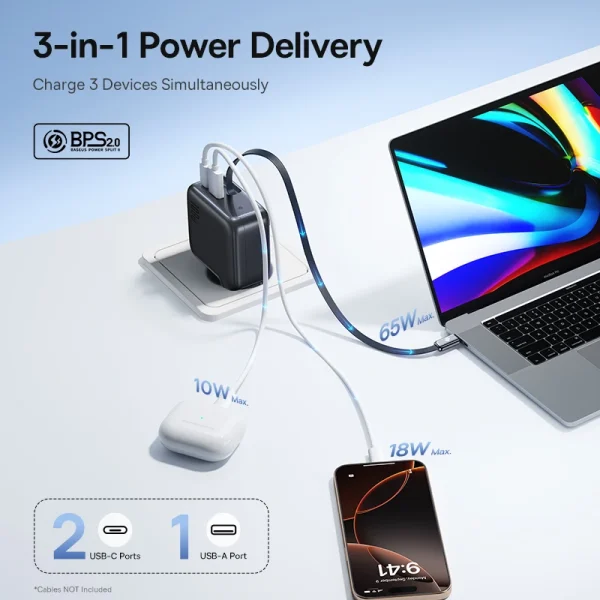 Baseus 100W GaN Fast Charger Retractable USB C Triple Port PD Charger For MacBook Laptop iPhone Samsung - Image 3