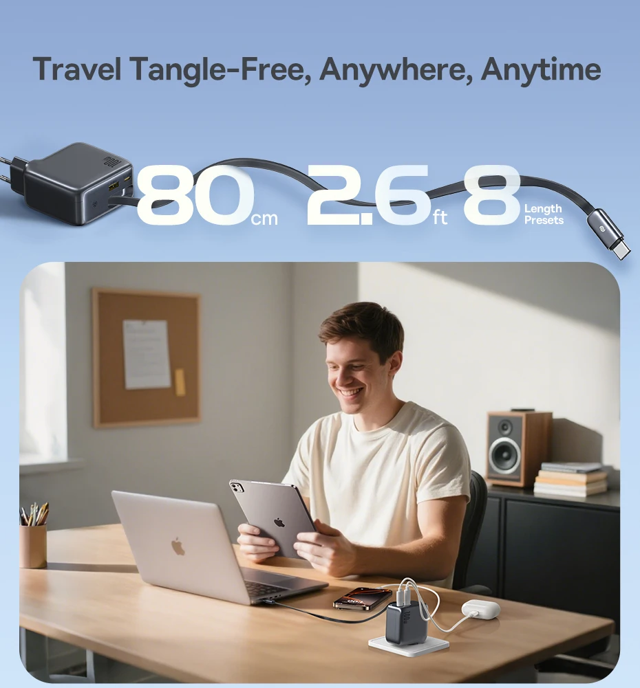 Baseus 100W Fast Charger For Tablet Laptop Quick Charger Retractable USB C Charger Cable Phone Charger For iPhone Samsung