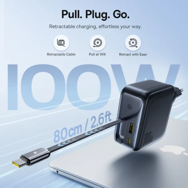 Baseus 100W GaN Fast Charger Retractable USB C Triple Port PD Charger For MacBook Laptop iPhone Samsung - Image 5