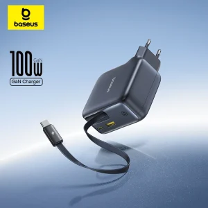 Baseus 100W GaN Fast Charger Retractable USB C Triple Port PD Charger For MacBook Laptop iPhone Samsung