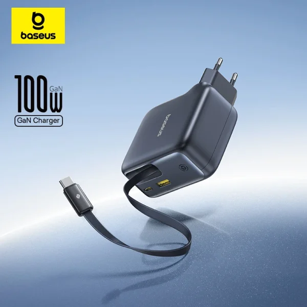Baseus 100W GaN Fast Charger Retractable USB C Triple Port PD Charger For MacBook Laptop iPhone Samsung