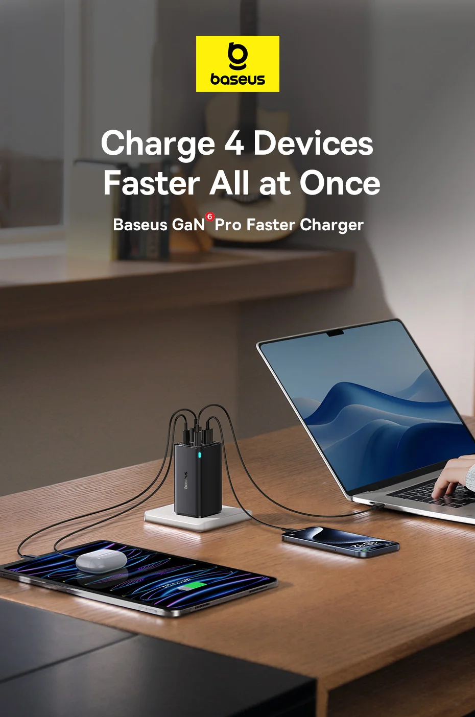 Baseus 100W GaN 6 Charger USB C Charger For Macbook Pro PD Charge Portable Fast Charger For iPhone 17 16 15 Laptop Charger