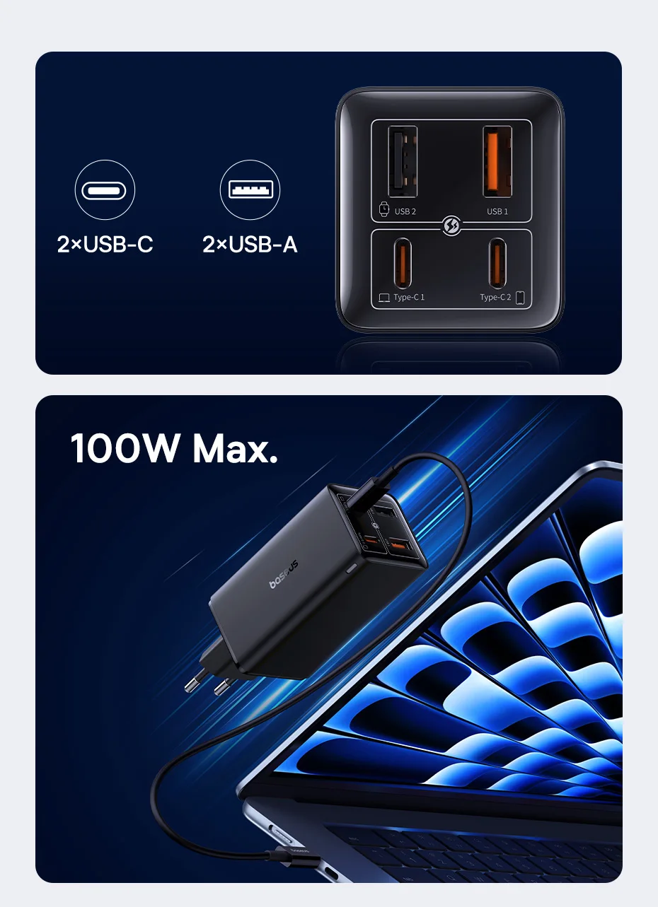 Baseus 100W GaN 6 Charger USB C Charger For Macbook Pro PD Charge Portable Fast Charger For iPhone 17 16 15 Laptop Charger