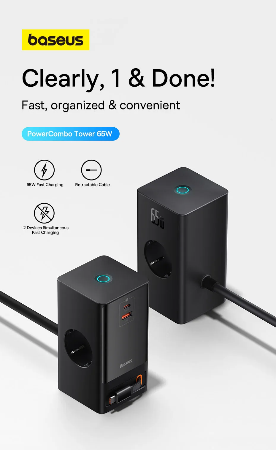 Baseus 65W GaN Charger Desktop Charger Power Strip Retractable-C Cable Fast Charging For Samsung S25 S24 S23 iPhone 17 16 15 14