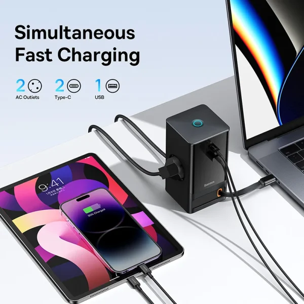Baseus 65W GaN Digital Power Strip with Retractable Cable Fast Charging 5-Port - Image 4