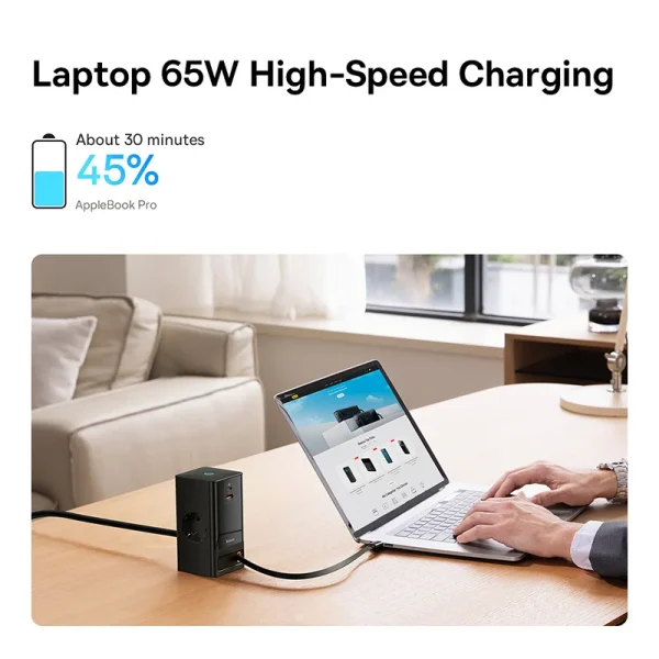 Baseus 65W GaN Digital Power Strip with Retractable Cable Fast Charging 5-Port - Image 3
