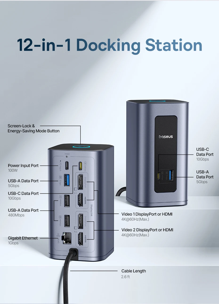 Baseus USB C HUB for Mac 12-in-1 DisplayPort HDMI 4K@60Hz MST Display for macOS Windows Docking Station USB 3.2 RJ45 PD 100W Hub