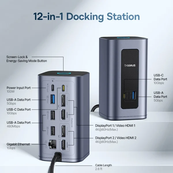 Baseus 12-in-1 USB C Docking Station for Mac Dual DisplayPort HDMI 4K@60Hz 100W PD Hub - Image 3