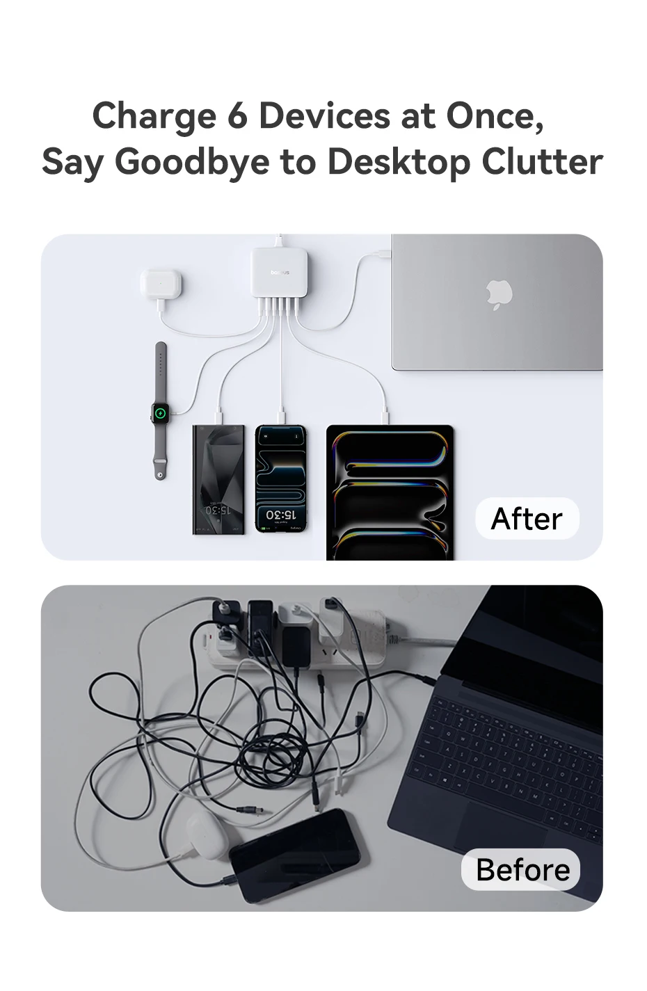 Baseus 120W Desktop Charger Laptop Fast Charger 6 in 1 Charger For iPhone 17 16 15 14 Pro Max Samsung iPad Quick Charger GaN