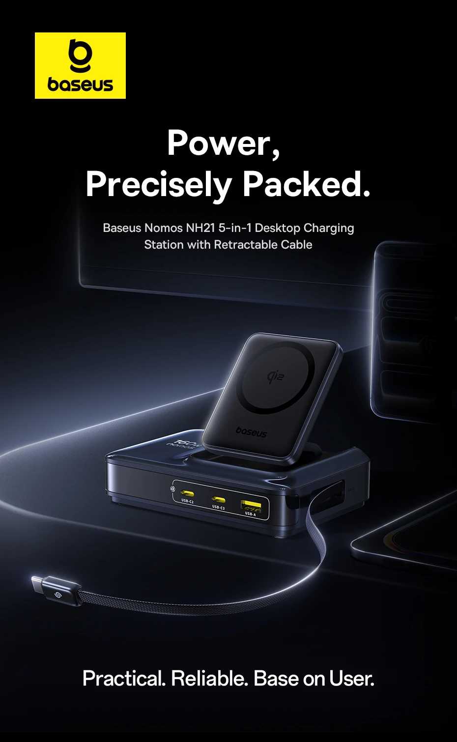 Baseus 160W Desktop Charger Qi2 Wireless Charger Tablet Fast Charger Retractable Cable USB C Phone Charger For iPhone 17 Samsung