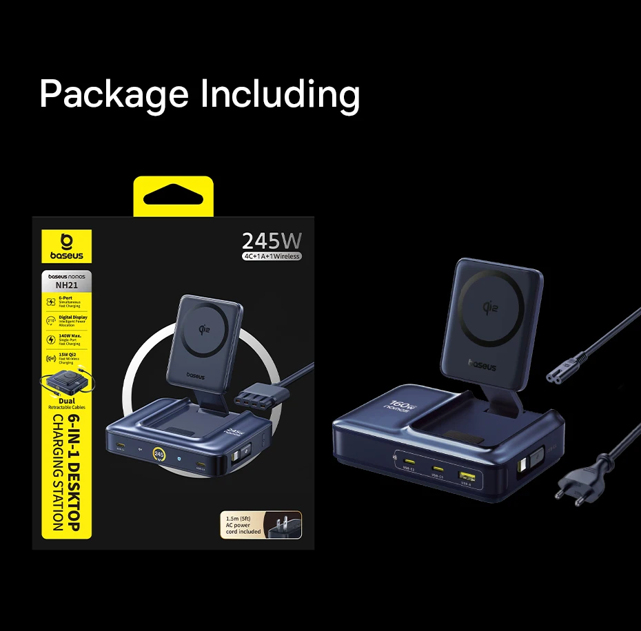 Baseus 160W Desktop Charger Qi2 Wireless Charger Tablet Fast Charger Retractable Cable USB C Phone Charger For iPhone 17 Samsung