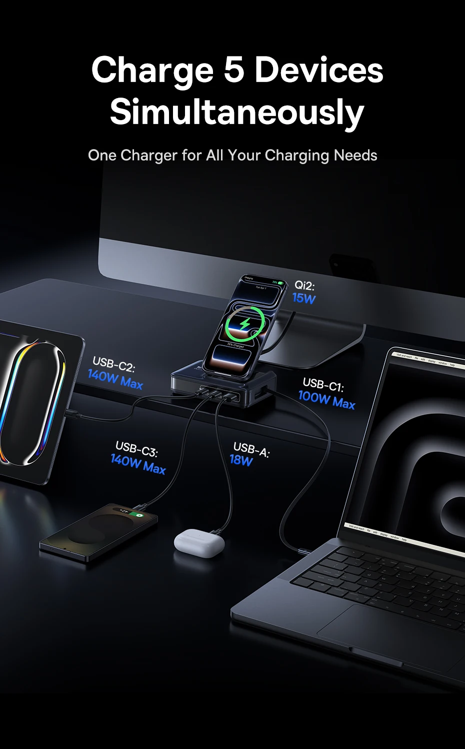 Baseus 160W Desktop Charger Qi2 Wireless Charger Tablet Fast Charger Retractable Cable USB C Phone Charger For iPhone 17 Samsung