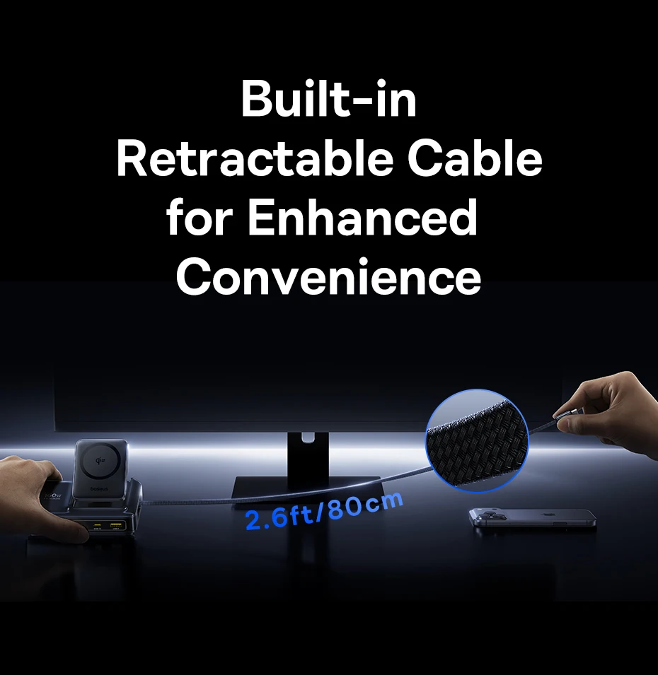 Baseus 160W Desktop Charger Qi2 Wireless Charger Tablet Fast Charger Retractable Cable USB C Phone Charger For iPhone 17 Samsung