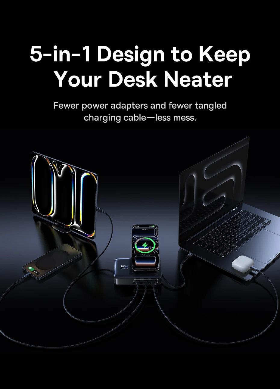 Baseus 160W Desktop Charger Qi2 Wireless Charger Tablet Fast Charger Retractable Cable USB C Phone Charger For iPhone 17 Samsung