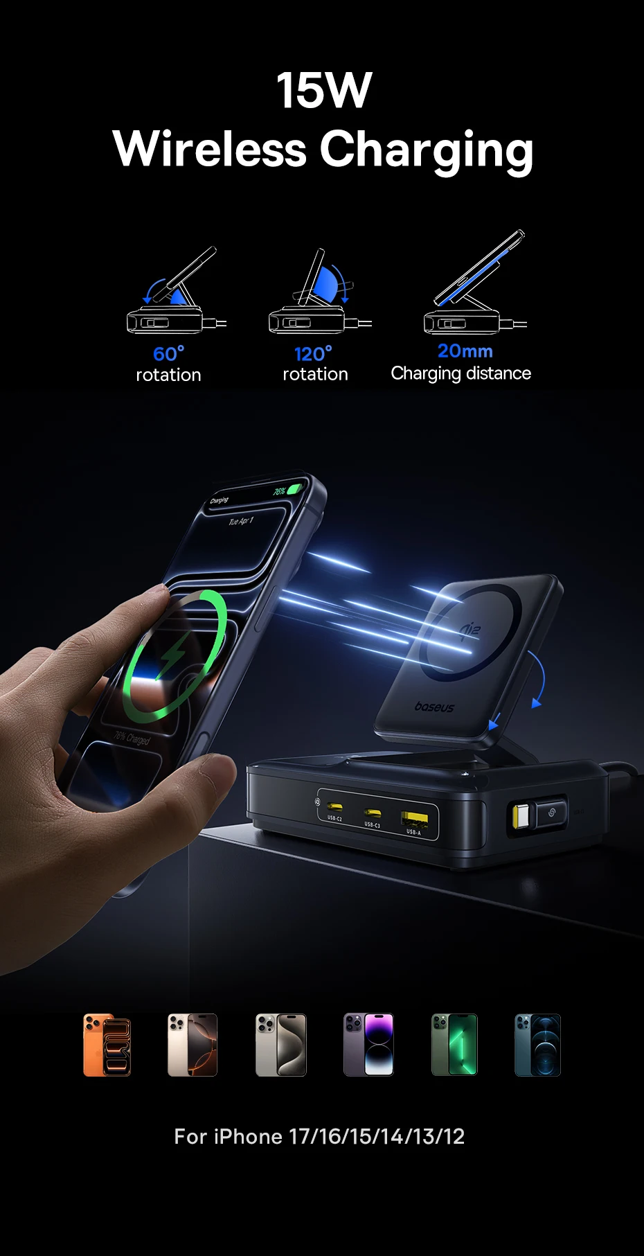 Baseus 160W Desktop Charger Qi2 Wireless Charger Tablet Fast Charger Retractable Cable USB C Phone Charger For iPhone 17 Samsung