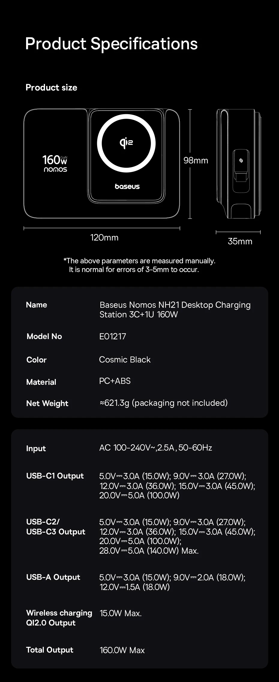 Baseus 160W Desktop Charger Qi2 Wireless Charger Tablet Fast Charger Retractable Cable USB C Phone Charger For iPhone 17 Samsung