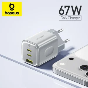 Baseus 67W GaN Fast Charger PD 3.0 Triple Port USB C Travel Charger for iPhone 16 15 Samsung Xiaomi Laptop