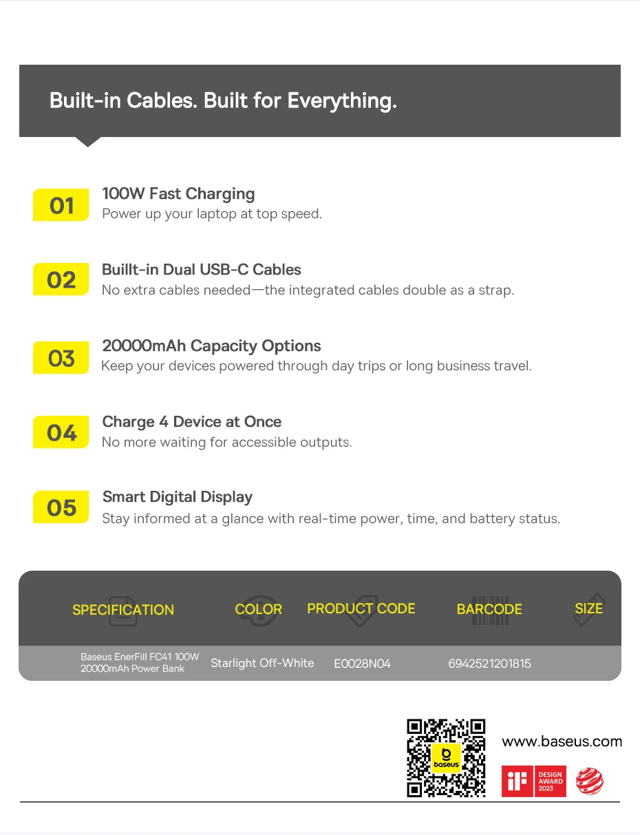 Baseus 20000mAh 100W Power Bank Built-In Dual USB-C Cable Fast Charging Digital Display Power Bank For iPhone 17 Pro Max Samsung Baseus 20000mAh 100W Power Bank Built-In Dual USB-C Cable Fast Charging Digital Display Power Bank For iPhone 17 Pro Max Samsung