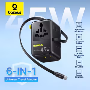 Baseus PicoGo AG11 45W GaN Universal Travel Adapter 6-in-1 with Retractable Cable