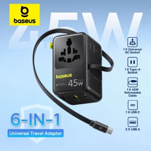 Baseus PicoGo AG11 45W GaN Universal Travel Adapter 6-in-1 with Retractable Cable