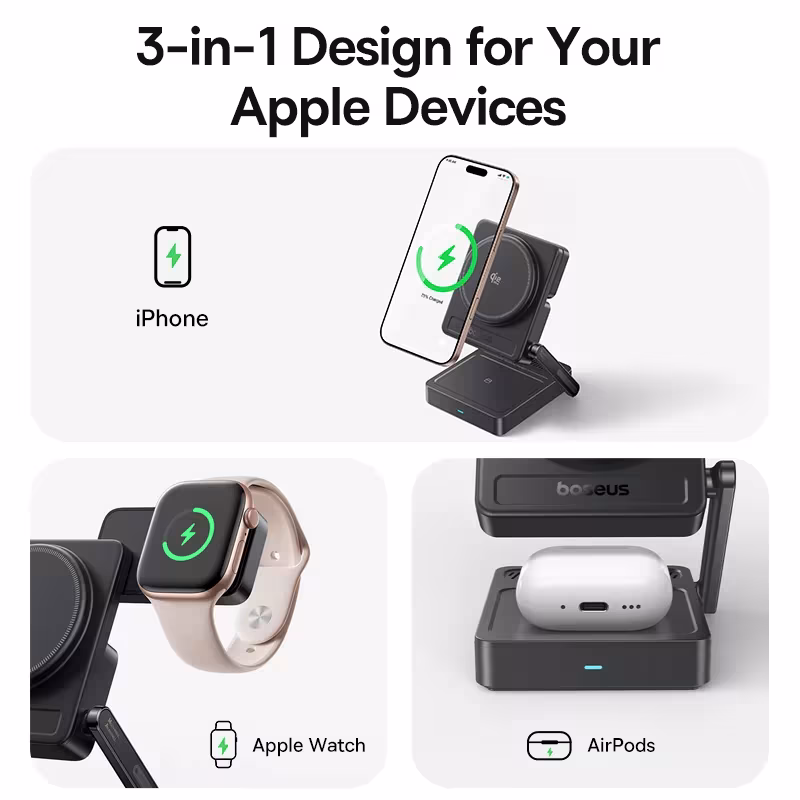 Baseus PicoGo AF21 Qi2.2 25W 3-in-1 Magnetic Wireless Charger Foldable For iPhone 16 15 Apple Watch AirPods Baseus PicoGo AF21 Qi2.2 25W 3-in-1 Magnetic Wireless Charger Foldable For iPhone 16 15 Apple Watch AirPods - Image 3