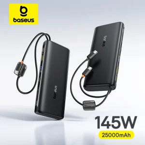 Baseus 25000mAh 145W Power Bank with Digital Display Built-In Dual USB-C Cable Fast Charger for MacBook iPhone 17 Samsung S25