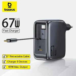 Baseus 100W GaN Fast Charger with Retractable Cable 3-Port PD QC for Laptop iPhone Samsung