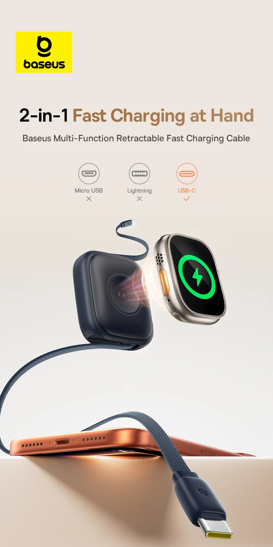Baseus 100W Retractable PD QC Fast Charging Cable Built-in E-Watch Wireless Charging USB-C Type-C Data Cable For iPhone MacBook Baseus 100W Retractable PD QC Fast Charging Cable Built-in E-Watch Wireless Charging USB-C Type-C Data Cable For iPhone MacBook