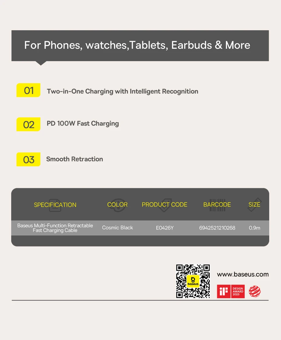 Baseus 100W Retractable PD QC Fast Charging Cable Built-in E-Watch Wireless Charging USB-C Type-C Data Cable For iPhone MacBook Baseus 100W Retractable PD QC Fast Charging Cable Built-in E-Watch Wireless Charging USB-C Type-C Data Cable For iPhone MacBook