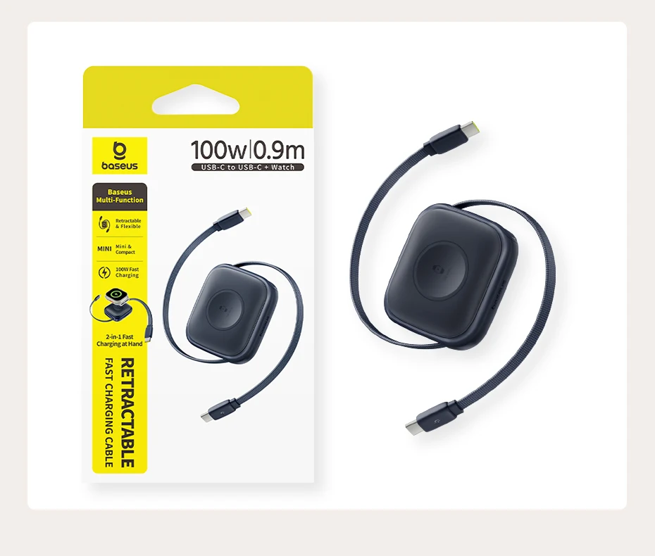 Baseus 100W Retractable PD QC Fast Charging Cable Built-in E-Watch Wireless Charging USB-C Type-C Data Cable For iPhone MacBook Baseus 100W Retractable PD QC Fast Charging Cable Built-in E-Watch Wireless Charging USB-C Type-C Data Cable For iPhone MacBook