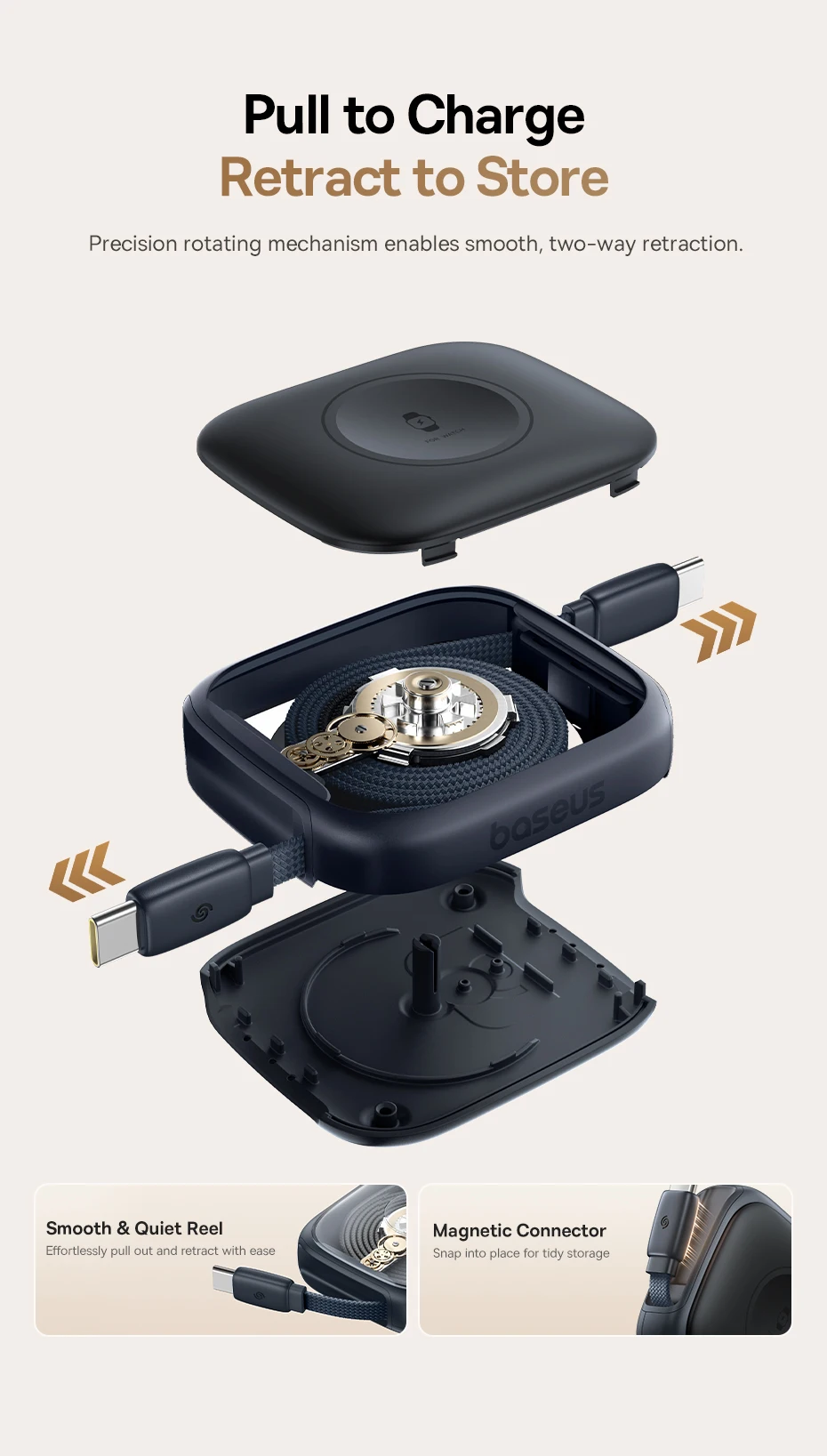 Baseus 100W Retractable PD QC Fast Charging Cable Built-in E-Watch Wireless Charging USB-C Type-C Data Cable For iPhone MacBook Baseus 100W Retractable PD QC Fast Charging Cable Built-in E-Watch Wireless Charging USB-C Type-C Data Cable For iPhone MacBook