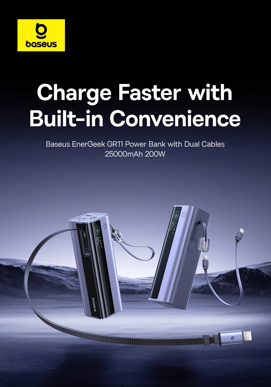 Baseus EnerGeek GR11 200W 25000mAh Power Bank with Dual Retractable USB ...