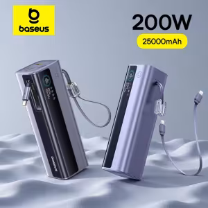 Baseus EnerGeek GR11 200W 25000mAh Power Bank with Dual Retractable USB-C Cables, 4-Port Fast Charger for Laptop