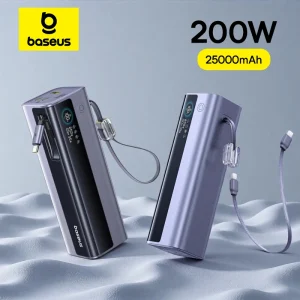 Baseus EnerGeek GR11 200W 25000mAh Power Bank with Dual Retractable USB-C Cables, 4-Port Fast Charger for Laptop