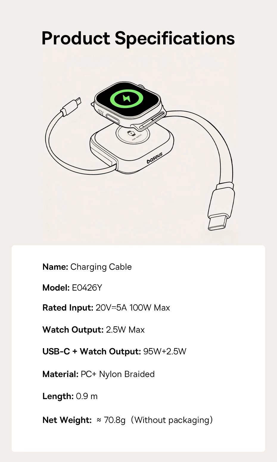 Baseus 100W Retractable PD QC Fast Charging Cable Built-in E-Watch Wireless Charging USB-C Type-C Data Cable For iPhone MacBook Baseus 100W Retractable PD QC Fast Charging Cable Built-in E-Watch Wireless Charging USB-C Type-C Data Cable For iPhone MacBook