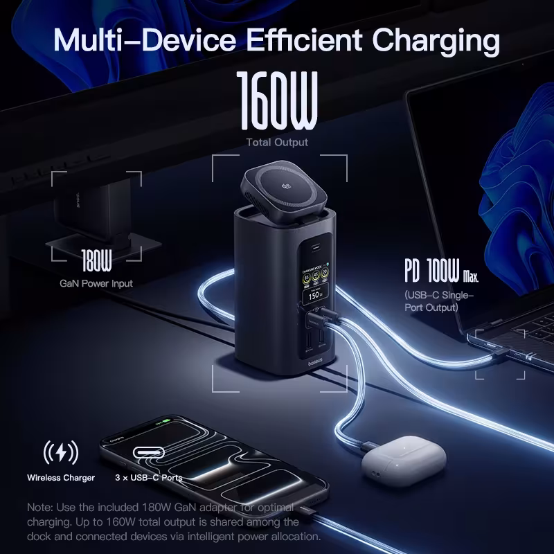 Baseus Spacemate RD1 Pro 160W 15-in-1 USB-C Docking Station with Qi2 25W Wireless Charger, Dual 4K HDMI, 180W GaN Adapter Baseus Spacemate RD1 Pro 160W 15-in-1 USB-C Docking Station with Qi2 25W Wireless Charger, Dual 4K HDMI, 180W GaN Adapter - Image 3