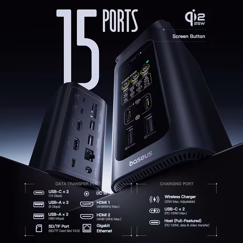 Baseus Spacemate RD1 Pro 160W 15-in-1 USB-C Docking Station with Qi2 25W Wireless Charger, Dual 4K HDMI, 180W GaN Adapter