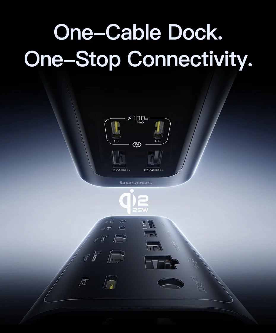 Baseus 160W 15-in-1 USB C HUB to 2 HDMI 4K@120Hz 60Hz with Qi2.2 25W Wireless Charger 180W GaN EU US Adapter Docking Station Hub Baseus 160W 15-in-1 USB C HUB to 2 HDMI 4K@120Hz 60Hz with Qi2.2 25W Wireless Charger 180W GaN EU US Adapter Docking Station Hub