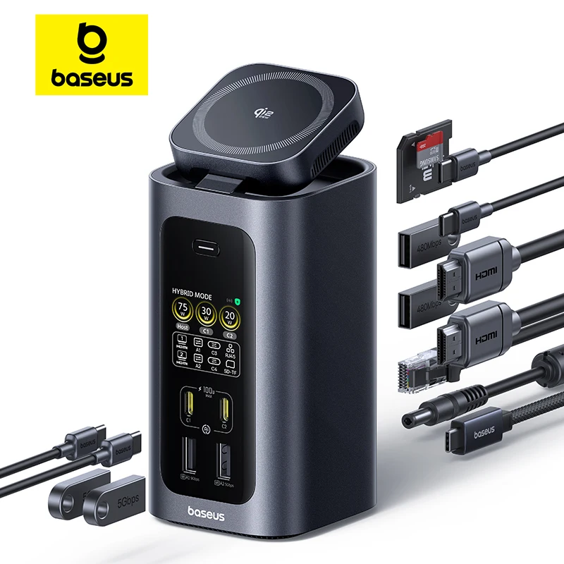 Baseus Spacemate RD1 Pro 15-in-1 USB-C Docking Station 160W with Qi2 25W Wireless Charging, Dual HDMI 4K@120Hz, 180W GaN Adapter