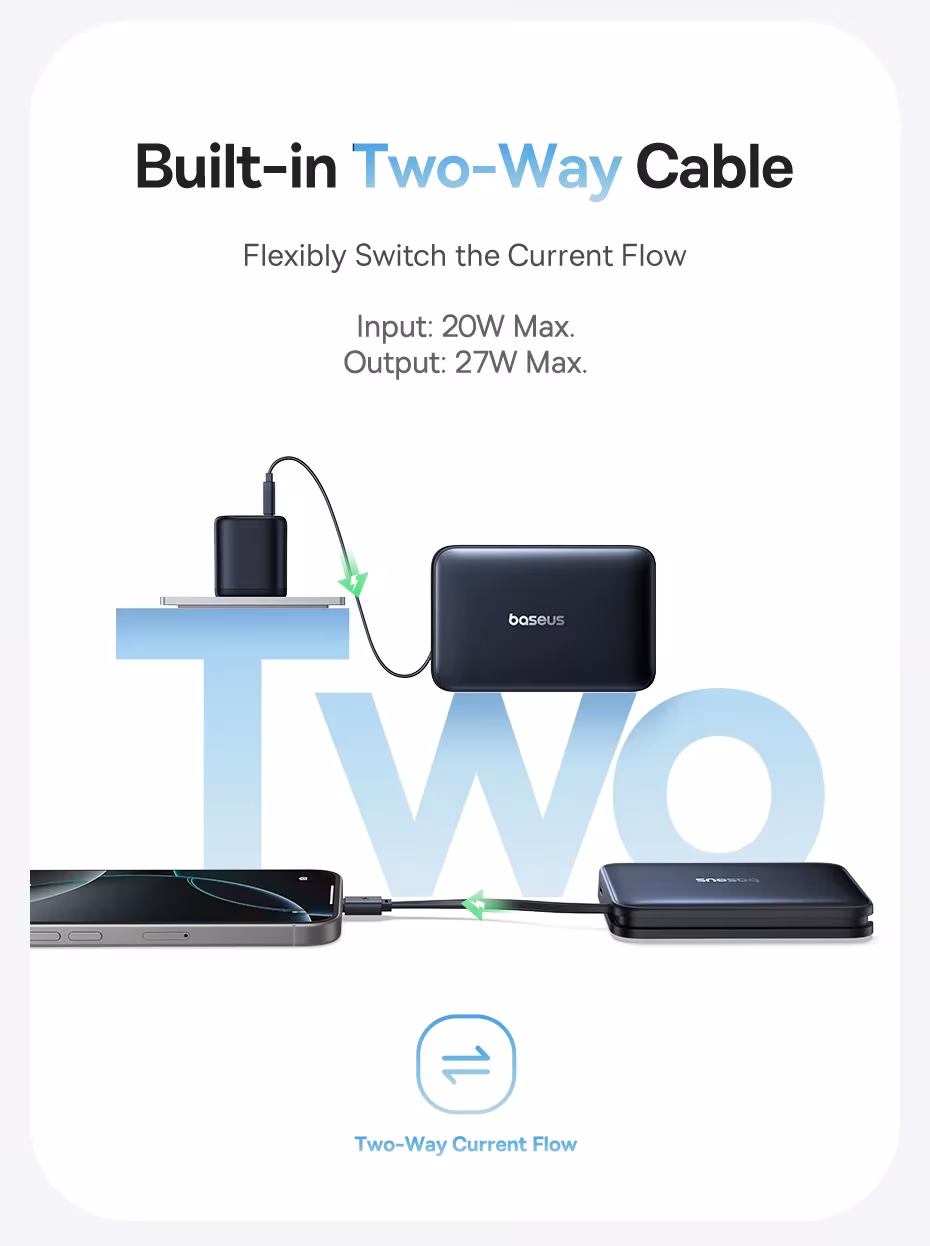 Baseus 10000mAh 27W Power Bank For Qi2 15W MagSafe Magnetic Wireless Charging Built-In USB-C Cable For iPhone 17 16 Samsung S26 Baseus 10000mAh 27W Power Bank For Qi2 15W MagSafe Magnetic Wireless Charging Built-In USB-C Cable For iPhone 17 16 Samsung S26