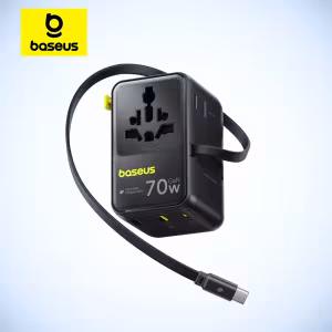 Baseus 70W GaN Universal Travel Adapter with Retractable Cable 6-in-1 Fast Charging