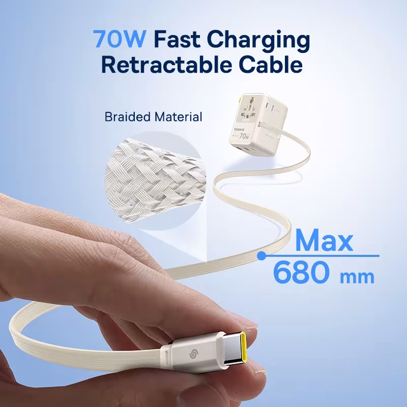 Baseus 70W GaN Universal Travel Adapter with Retractable Cable, 6-in-1 Worldwide Plug for EU UK US AUS Baseus 70W GaN Universal Travel Adapter with Retractable Cable, 6-in-1 Worldwide Plug for EU UK US AUS - Image 4